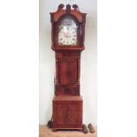 19th century grandfather clock in mahogany case with painted arched dial with moving ship automata,