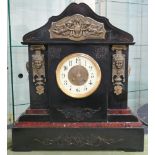 Large and impressive Victorian black slate and rouge marble mantel clock with gilt metal mounts.