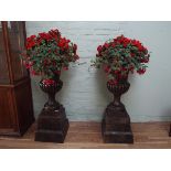 Large pair of Victorian style cast iron garden urns with Busy Lizzies and Fuschia - 43" high