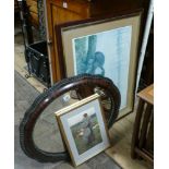 Shaped bevelled edge wall mirror and a print of otters and other furnishing pictures