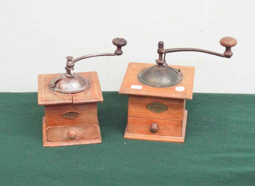 2 old wooden coffee grinders