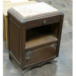 1930's French oak bedside cabinet with inset marble to the top