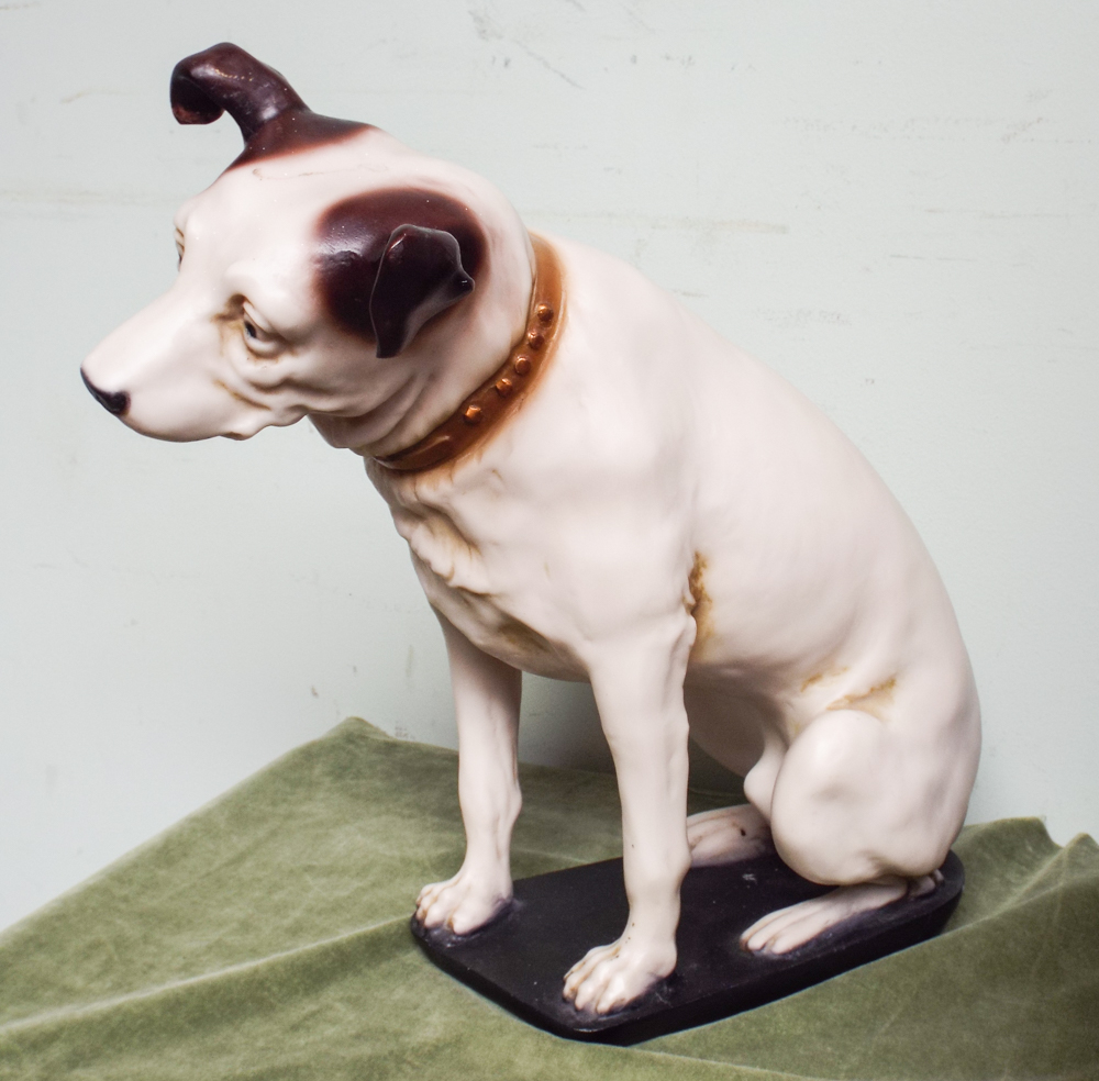 Oak table model wind up gramophone with decorative painted horn together with model of HMV dog c - Image 4 of 4