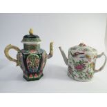 Two Chinese teapots to include octagonal bodied reticulated teapot with Carp style handle