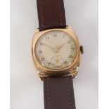 Gents vintage 9ct gold wristwatch on brown leather strap