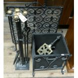 Fire furniture to include companion set, wrought iron fire screen, coal bucket, trivet etc.