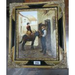 Reproduction Victorian style painting of a couple with donkey in a black & gilt frame