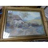 Watercolour of a country cottage scene in gilt frame