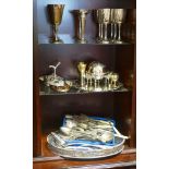 Quantity of matching plated cutlery, oval plated tray, card tray, goblets, butter dish etc.