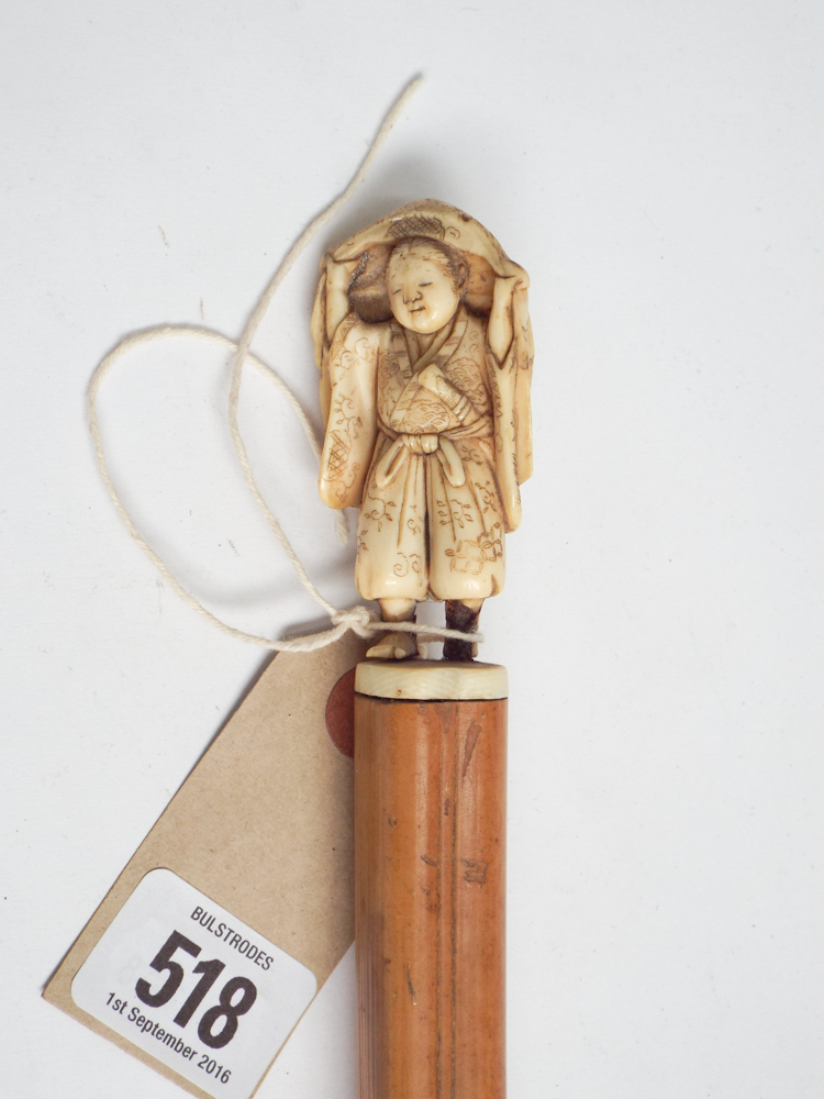 Late 19th century parasol with Japanese ivory netsuke of young boy hiding under a cloak mounted on - Image 2 of 2