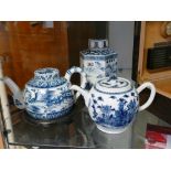 2 Chinese blue & white teapots and a hexagonal blue & white tea caddy