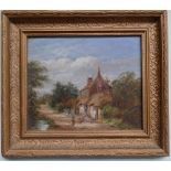 Victorian painting of a country cottage scene with figures - measures approximately 10" by 12"