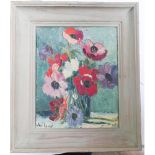 1950s oil on canvas impressionistic style still life vase of Poppies signed Jac Laube dated 1959 -