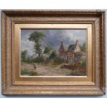 Victorian oil painting of a country cottage with figure on country lane in a gilt frame,