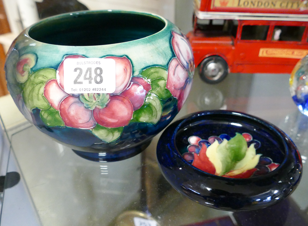 Moorcroft anemone decorated bowl and a small Moorcroft dish Bowl is cracked