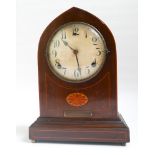Edwardian striking wall clock in inlaid mahogany case approx 13" tall x 9" wide