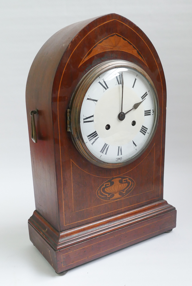 Large Edwardian striking mantel or bracket clock in inlaid mahogany case 18" tall x 11.