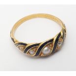 Victorian gold seed pearl, diamond and enamel mourning ring,