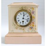 Mantle clock in floral decorated and pale pink china case,