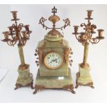 French 3 piece green marble clock garniture with gilt metal mounts