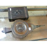 Pair of wooden bellows and a decorative wooden cigar box