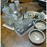 3 bottle tantalus, cruet, pair of plated coasters etc.