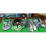 Qty of matching cutlery, various other cutlery, vase stand, sugar caster, candlesticks,