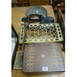 Brass trivet, brass gong, Victorian box, pair of clogs, small telescope etc.