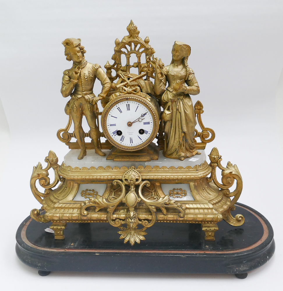 French striking marble and gilt figure mounted mantel clock with stand