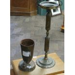 Metal smokers pedestal and a metal vase