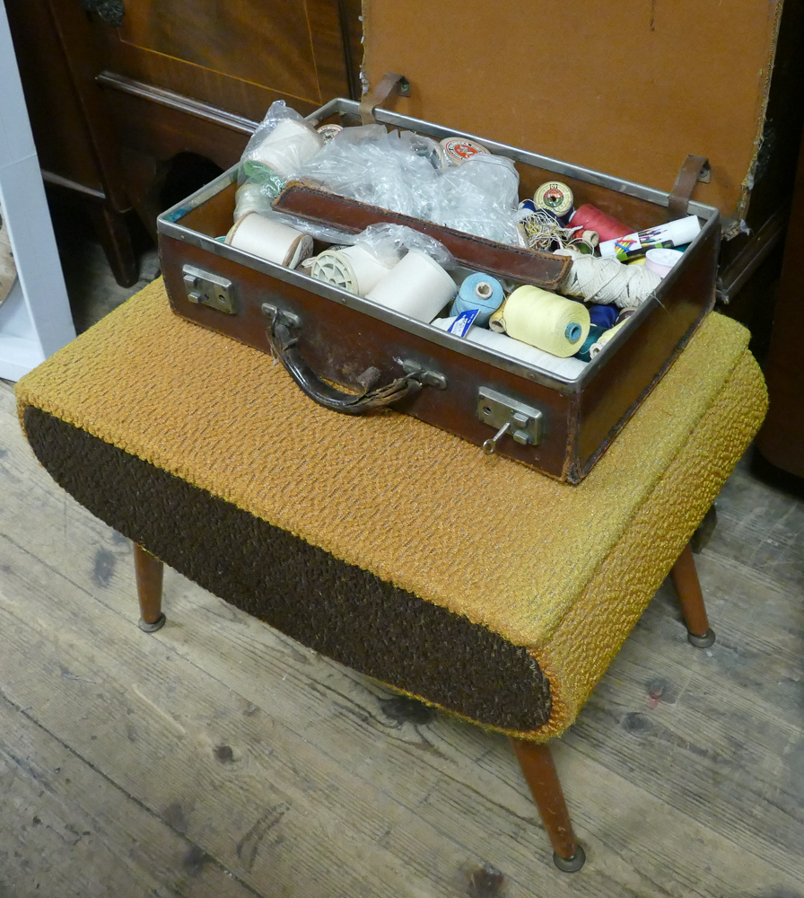 Stool sewing box and a suitcase full of assorted cottons etc.