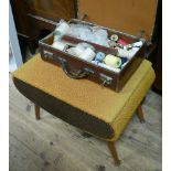 Stool sewing box and a suitcase full of assorted cottons etc.