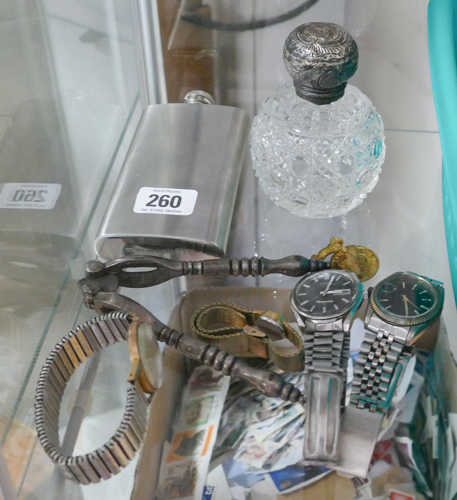 Various watches, dressing table jar, stainless steel hip flask etc.