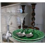 Pair of glass and silver plated vases, pair of barley twist candlesticks,