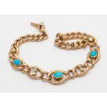 Victorian 9ct gold curb chain bracelet, set with turquoise cabochons and diamonds, weight 13.