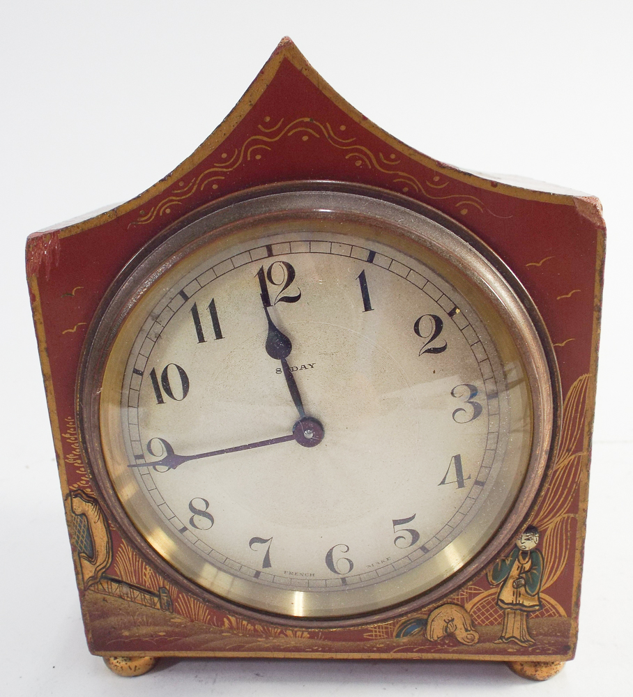 1920's red lacquer chinoiserie mantel clock with 8 day movement - measures 15cm tall