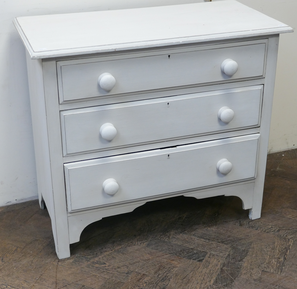 3' white painted chest of 3 long drawers with bun handles