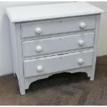 3' white painted chest of 3 long drawers with bun handles