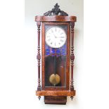 Late Victorian striking wall clock in marquetry inlaid mahogany case
