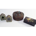 Miniature cloisonne enamelled boxes, filigree beaded box and cover,