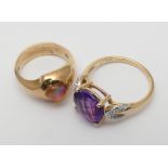 two 9ct gold dress rings, signet ring set with opal and the other a large amethyst.