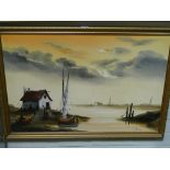 Local artist Ken Hammond oil on canvas painting of a sunset marine scene