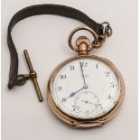 Limit gold plated gents open faced pocket watch on leather fob