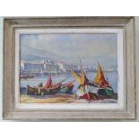 Late 19th century oil on canvas of Riviera harbour scene signed.