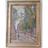 Early 20th century gilt framed oil on board depicting French street scene signed - 22" x 14"