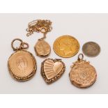 Four gilt metal lockets and an 1837 Cumberland Jack coin