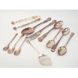 Victorian silver christening cutlery set and pair of sugar nips and various silver spoons.
