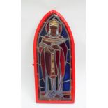 19th century red painted stained glass window panel depicting a scribe signed R Braudier
