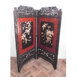 Large Japanese hardwood and panelled bone bird and leaf decorated 2 fold screen - each panel