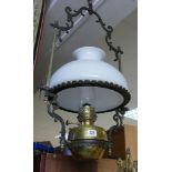 Victorian hanging brass oil lamp with with shade